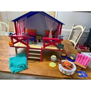 American Girl Retired Camp Hangout Tent Cabin Games with Campfire Set bench